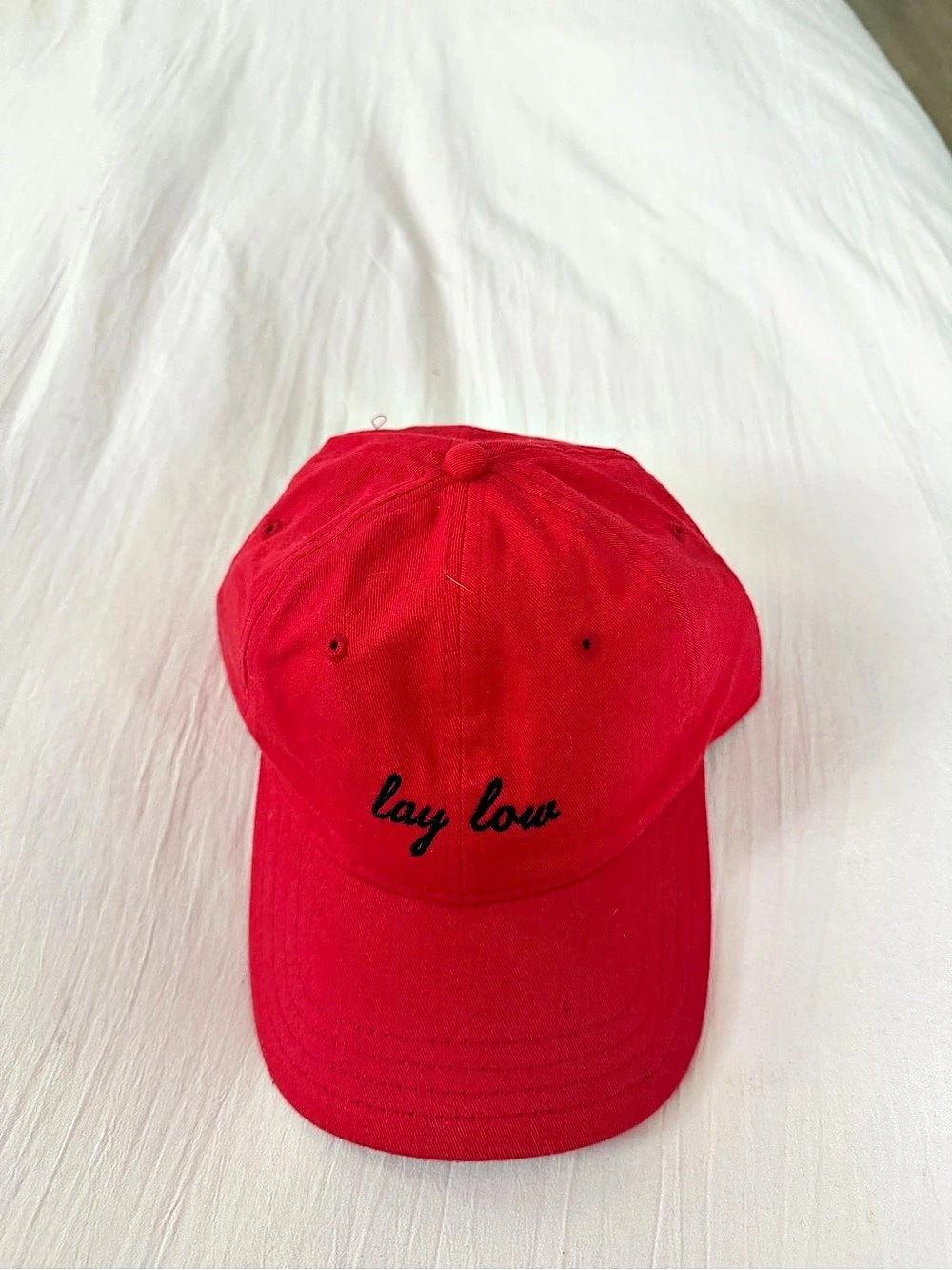 Lay Low Embroidered Logo Baseball Cap in Red Like New
